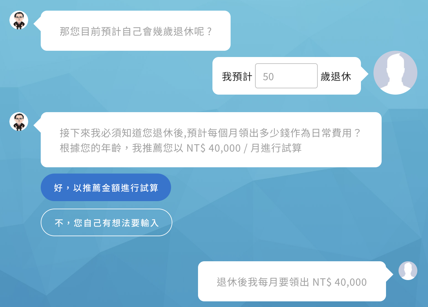 先以50歲退休為目標,預計退休從投資部位提領4萬的收入作為開銷。